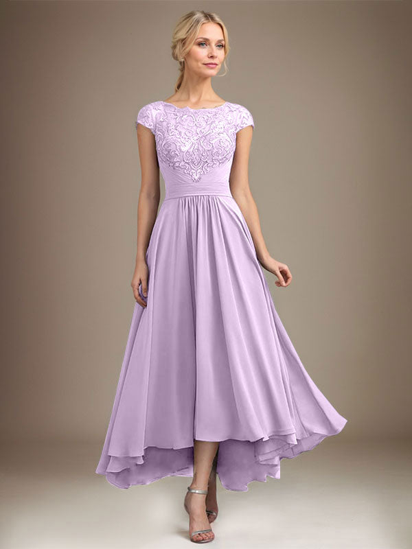 A-Linien-Kleid aus Chiffon mit asymmetrischem, plissiertem Spitzeneinsatz und Illusion-Ausschnitt für die Mutter der Braut 