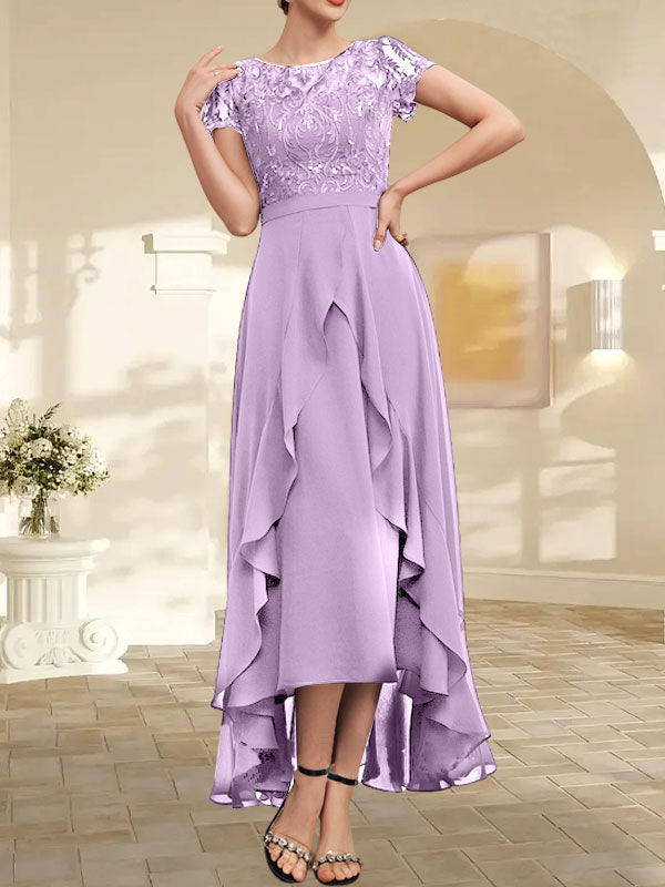 A-Linien-Kleid mit asymmetrischem Chiffon-Spitzenausschnitt, Schleife, Rüschen und Pailletten für die Mutter der Braut 