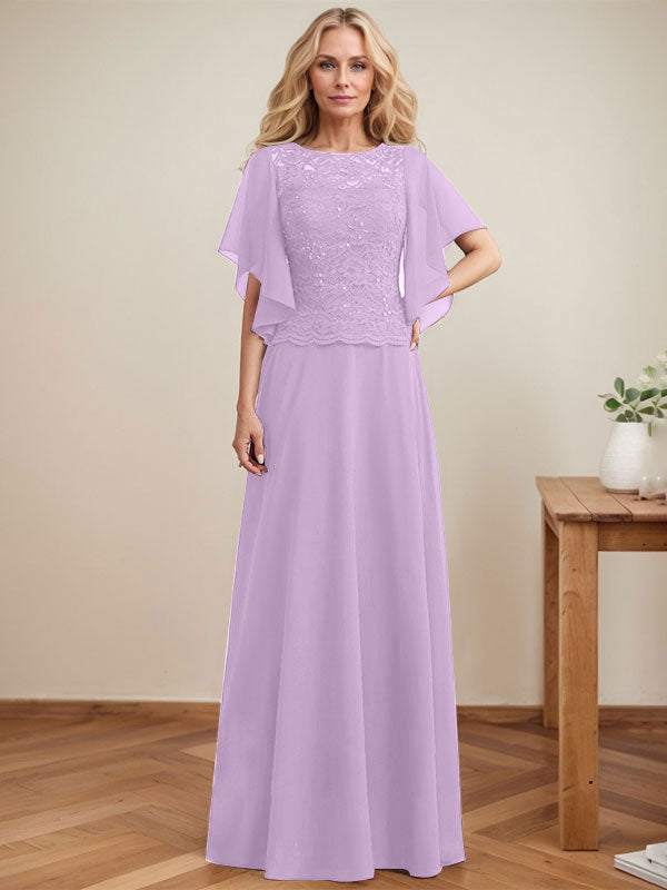 Vestido de madre de la novia de gasa con encaje, ilusión, largo hasta el suelo, corte A y lentejuelas 