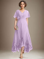A-Linien-Kleid aus Chiffon mit asymmetrischem V-Ausschnitt und Spitze für die Mutter der Braut mit Falten