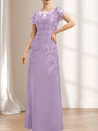 Etuikleid/Säulenkleid mit Illusion-Ausschnitt, bodenlang, aus Chiffon und Spitze mit Pailletten für die Mutter der Braut