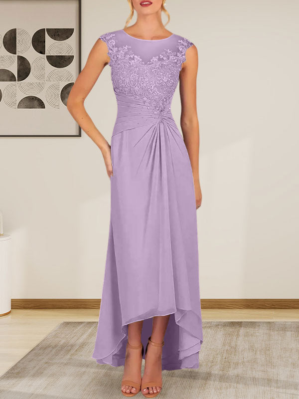 Champagnerfarbenes A-Linien-Chiffonkleid mit Rundhalsausschnitt und Spitze