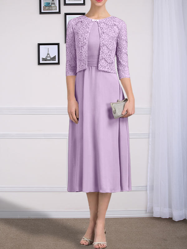 Vestido de gasa para madre de la novia, corte A, escote redondo, largo hasta la rodilla, con pliegues