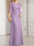 Etui-/Säulen-Chiffonkleid in Bodenlänge für die Mutter der Braut mit plissierter Perlenstickerei