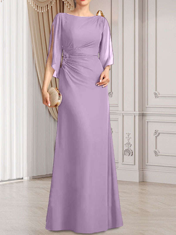 Etui-/Säulen-Chiffonkleid in Bodenlänge für die Mutter der Braut mit plissierter Perlenstickerei