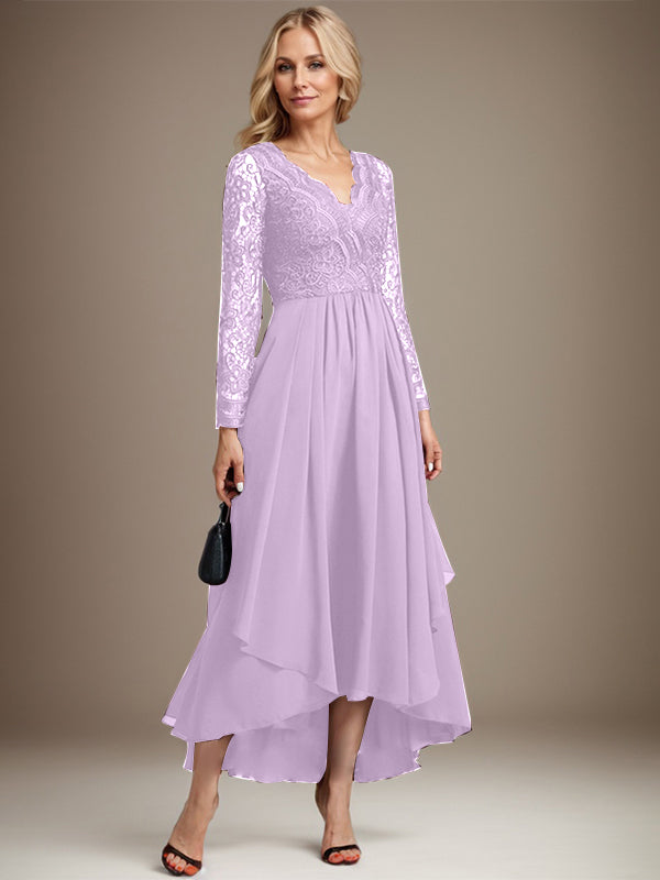 A-Linien-Kleid aus Chiffon mit V-Ausschnitt und asymmetrischer Spitze für die Mutter der Braut
