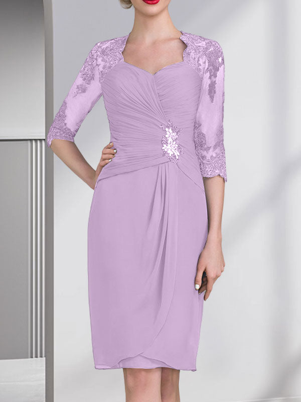 Vestido de gasa para madre de la novia, con escote en forma de corazón, largo hasta la rodilla, con apliques de cuentas, encaje y lentejuelas, plisado.