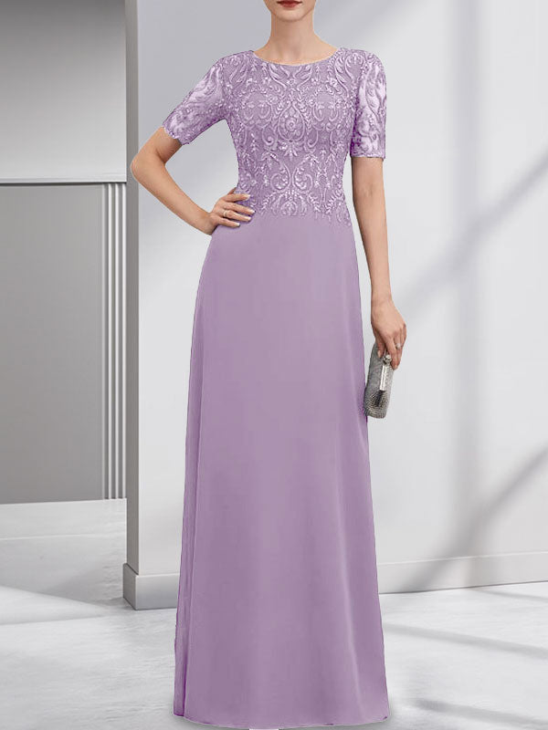 A-Linien-Kleid aus Chiffon mit Pailletten und Rundhalsausschnitt, bodenlang, für die Mutter der Braut