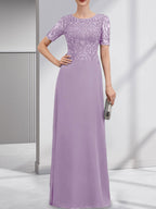 A-Linien-Kleid aus Chiffon mit Pailletten und Rundhalsausschnitt, bodenlang, für die Mutter der Braut