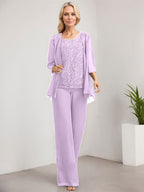 Zweiteiliger Jumpsuit/Hosenanzug, bodenlanges Chiffon-Kleid mit Spitze und Pailletten für die Mutter der Braut