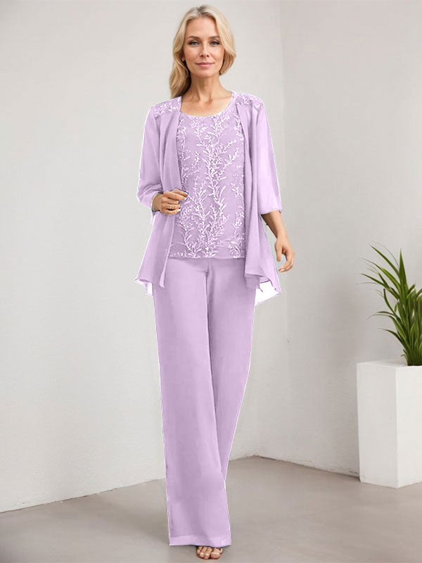 Vestido de madre de la novia de gasa con encaje y lentejuelas, con escote redondo y largo hasta el suelo, con mono/pantalón separado