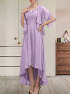 A-Linien-Kleid aus Chiffon mit V-Ausschnitt, asymmetrischem Muster und Perlen- und Paillettenbesatz für die Mutter der Braut