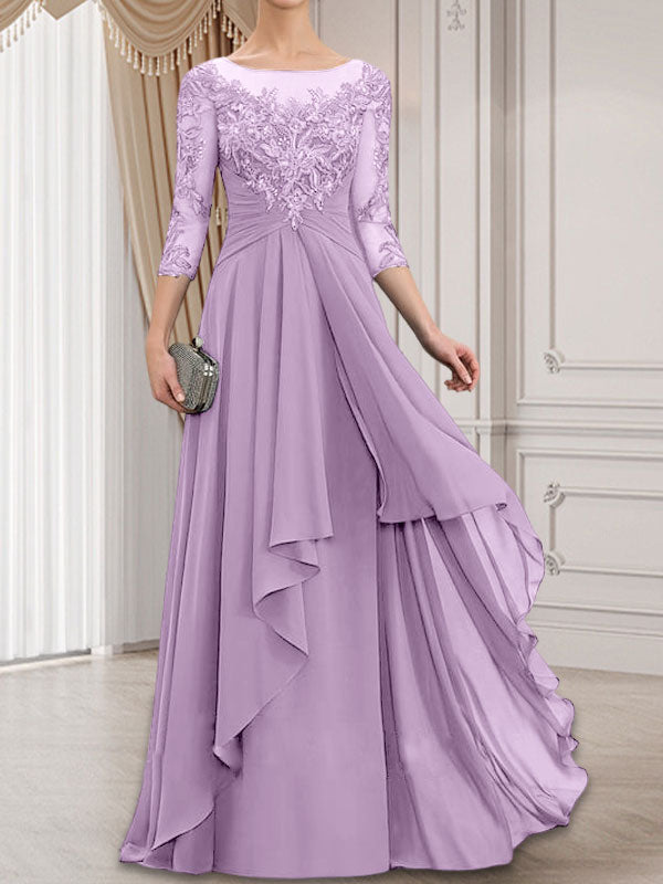 A-Linien-Kleid mit U-Boot-Ausschnitt, Illusion-Effekt, bodenlang, aus Chiffon und Spitze, mit Kaskadenrüschen – perfekt für die Mutter der Braut