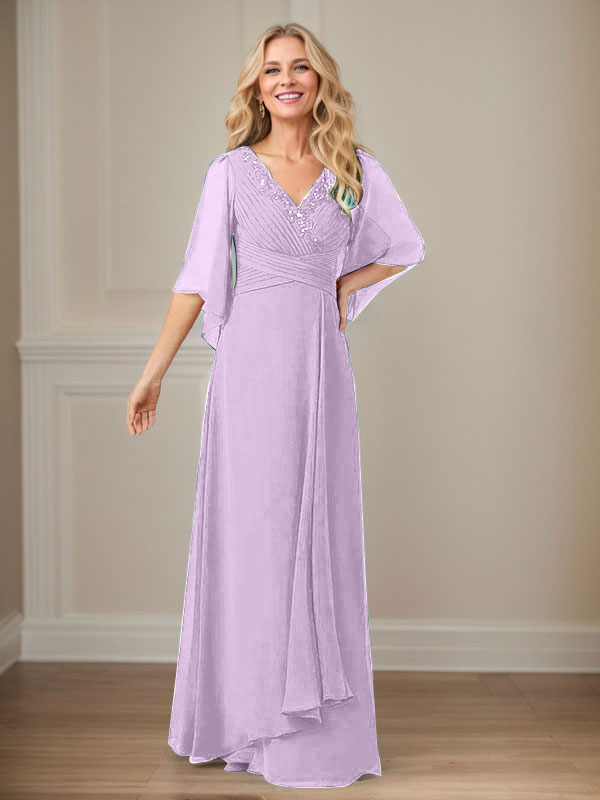 Langes Pailletten-Chiffon-Kleid in A-Linie mit V-Ausschnitt für die Mutter