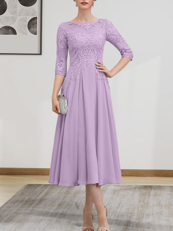 A-Linien-Kleid mit U-Boot-Ausschnitt, Illusion-Detail, Teelänge, Chiffonspitze, Perlenstickerei und Pailletten für die Mutter der Braut