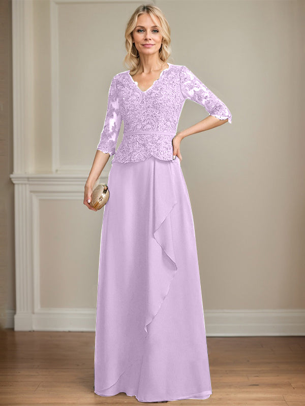 A-Linien-Kleid aus Chiffon mit V-Ausschnitt, bodenlang, mit Spitze, Kaskadenrüschen und Pailletten für die Mutter der Braut 
