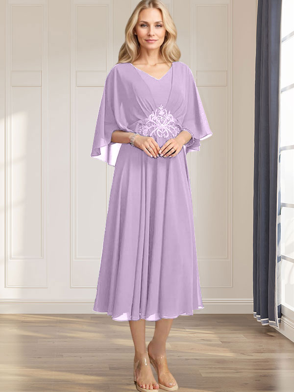 A-Linien-Kleid aus Chiffon mit V-Ausschnitt, Teelänge, plissierten Paillettenapplikationen und Perlenstickerei für die Mutter der Braut 