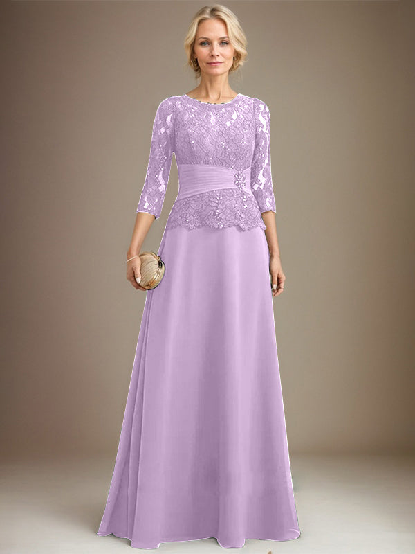 A-Linien-Kleid mit U-Boot-Ausschnitt, Illusion-Detail, bodenlang, aus Chiffonspitze, mit plissierten Pailletten und Perlenstickerei für die Mutter der Braut. 