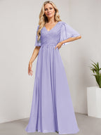 A-Linien-Kleid aus Chiffon mit V-Ausschnitt, bodenlang, mit Pailletten besetzt – ideal für die Mutter der Braut 