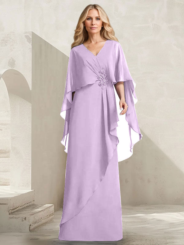 A-Linien-Kleid aus Chiffon mit V-Ausschnitt, bodenlang, mit Kaskadenrüschen und Perlenstickerei für die Mutter der Braut. 
