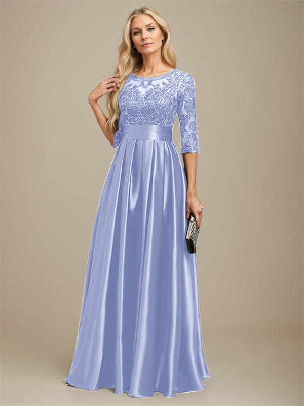 A-Linien-Kleid mit Illusion-Ausschnitt, bodenlang, aus Stretch-Satin und Spitze, verziert mit Schleife und Pailletten, für die Mutter der Braut 