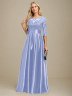 A-Linien-Kleid mit Illusion-Ausschnitt, bodenlang, aus Stretch-Satin und Spitze, verziert mit Schleife und Pailletten, für die Mutter der Braut 