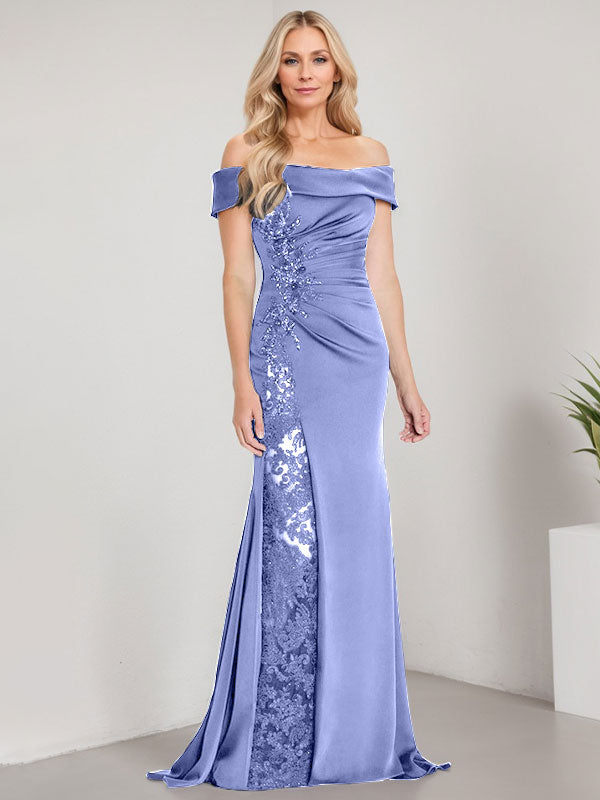 Vestido de sirena con escote en A, hombros descubiertos y largo hasta el suelo para madre de la novia, apliques y cuentas, con abertura alta 
