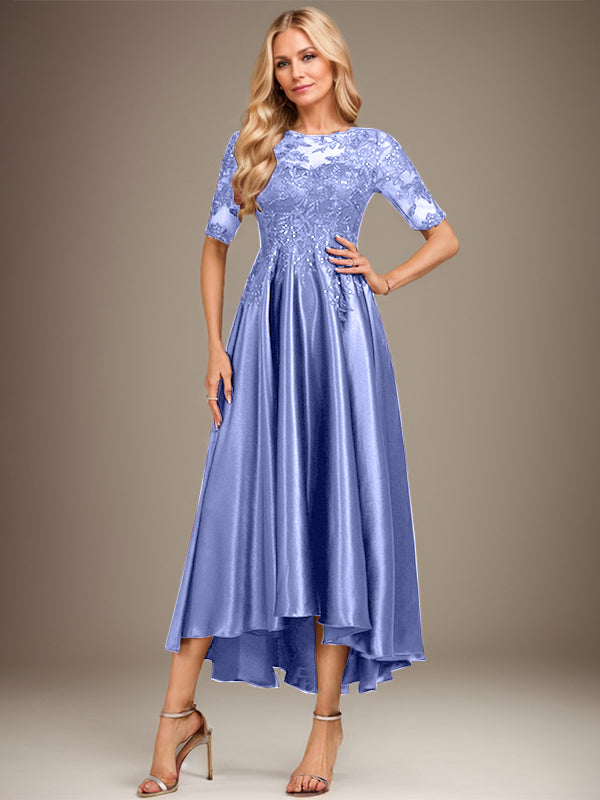 A-Linien-Kleid mit asymmetrischem, transparentem Ausschnitt, Stretch-Satinspitze und Pailletten für die Mutter der Braut 