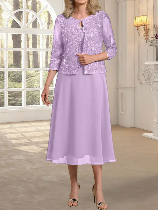 Vestido de gasa con encaje y lentejuelas para madre de la novia, corte A, escote redondo y largo hasta la rodilla 