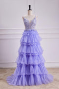Lavender Plunging V Neck Floral Layers A-line Long Prom Dress
