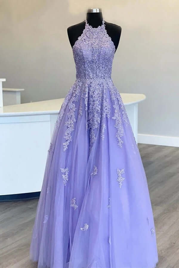 Vestidos de Noche de Fiesta de Tul Corte A con Cuello Halter y Encaje Aplicado