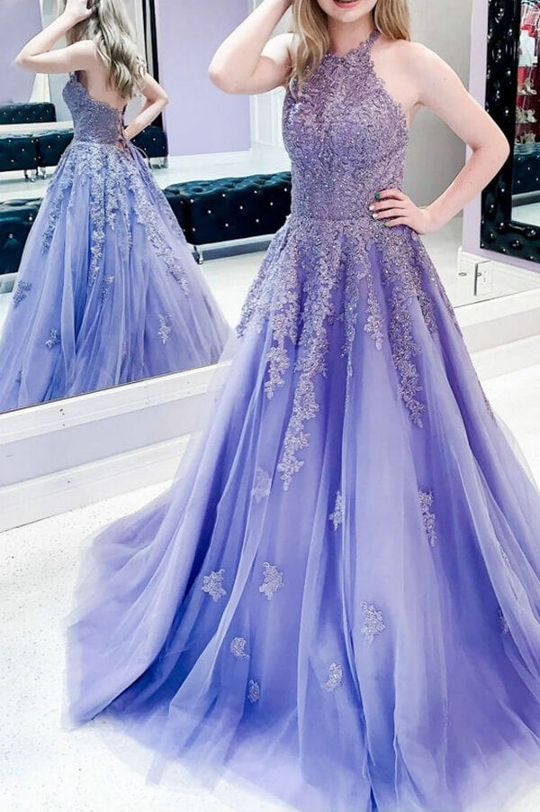Vestidos de Noche de Fiesta de Tul Corte A con Cuello Halter y Encaje Aplicado