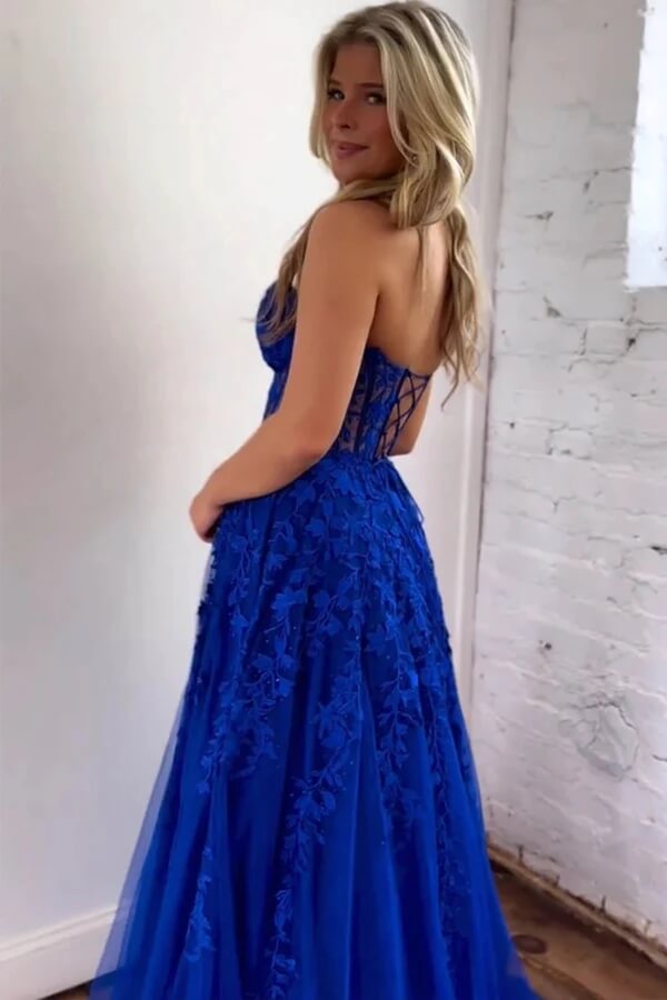 Tulle A-line Sweetheart Strapless Lace Appliques Prom Dresses