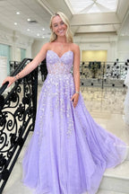Tulle A-line Sweetheart Strapless Lace Appliques Prom Dresses