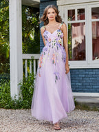 Lavender Tulle Maxi Prom Dresses with Spaghetti Strap 3D Floral Applique V Neck Bodice for Prom and Garden Wedding