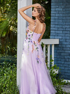 Lavender Tulle Maxi Prom Dresses with Spaghetti Strap 3D Floral Applique V Neck Bodice for Prom and Garden Wedding