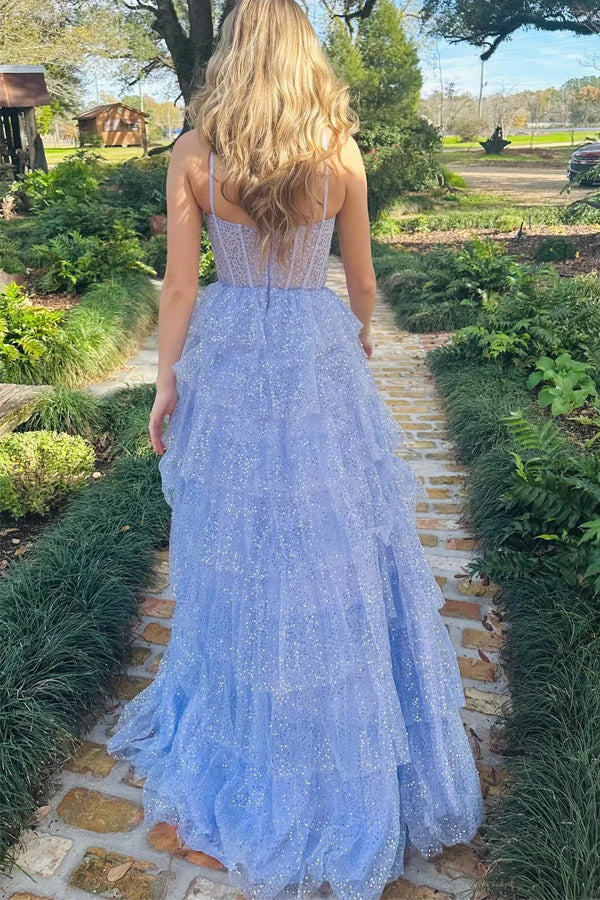 Vestido de fiesta largo con volantes, lentejuelas y tul color lavanda