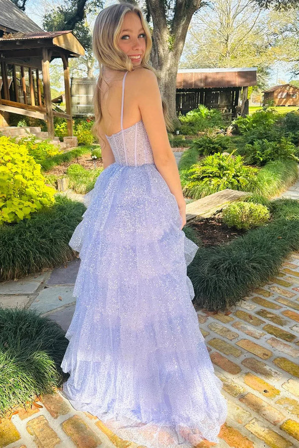 Vestido de fiesta largo con volantes, lentejuelas y tul color lavanda