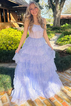Vestido de fiesta largo con volantes, lentejuelas y tul color lavanda