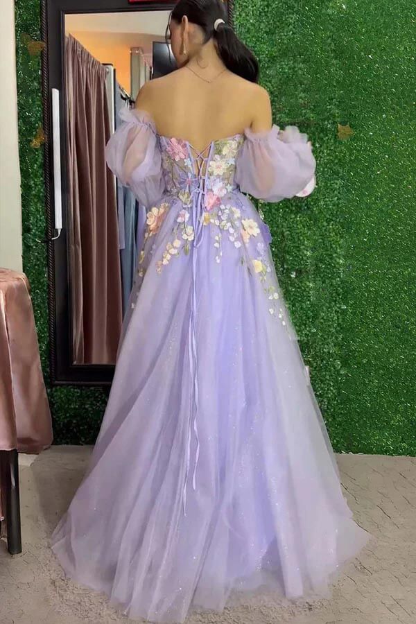 Lavender Tulle Strapless 3D Floral Detachable Sleeves Prom Dresses