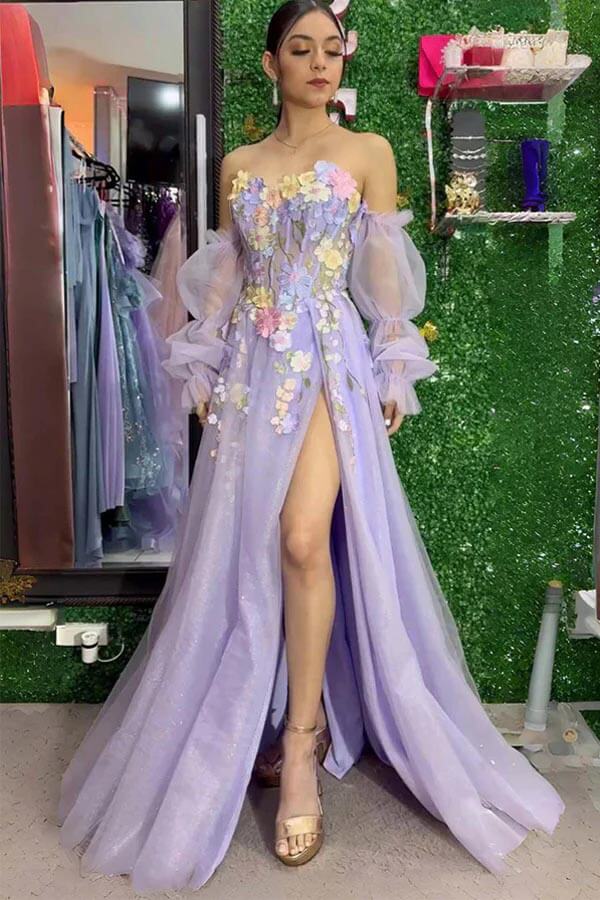 Lavender Tulle Strapless 3D Floral Detachable Sleeves Prom Dresses