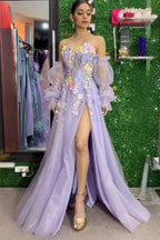 Lavender Tulle Strapless 3D Floral Detachable Sleeves Prom Dresses