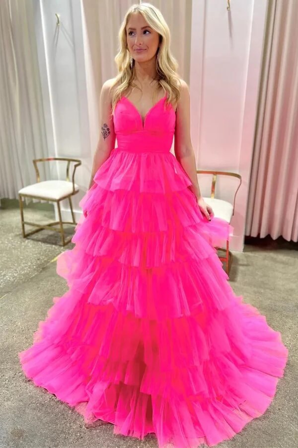 Lavender Tulle Tiered A-line V-neck Long Prom Dresses With Ruffles