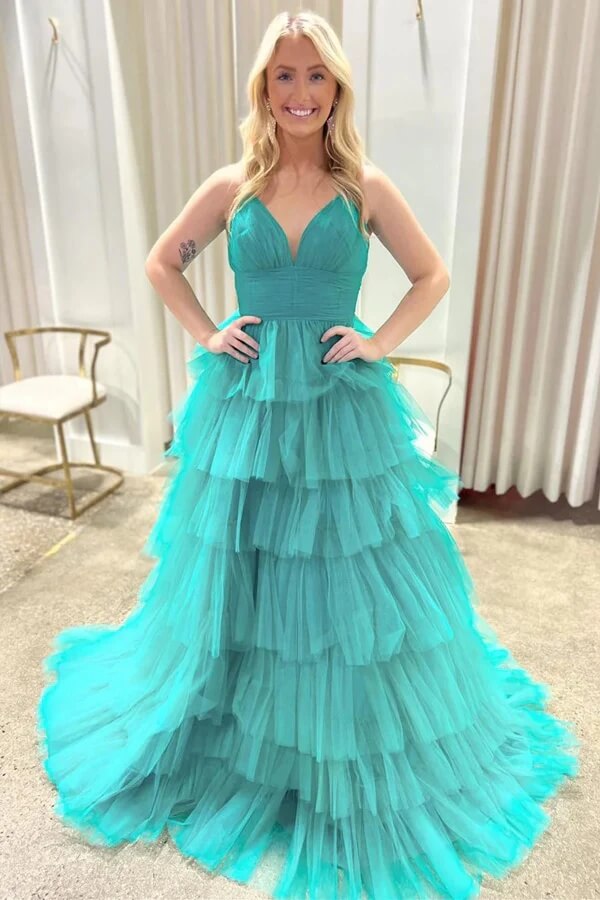 Lavender Tulle Tiered A-line V-neck Long Prom Dresses With Ruffles