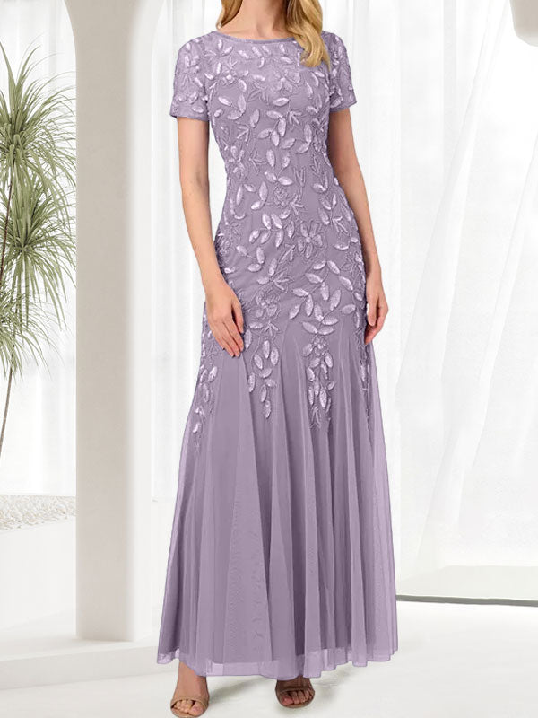 Vestido largo de sirena azul con cuello redondo para madre de la novia con abalorios