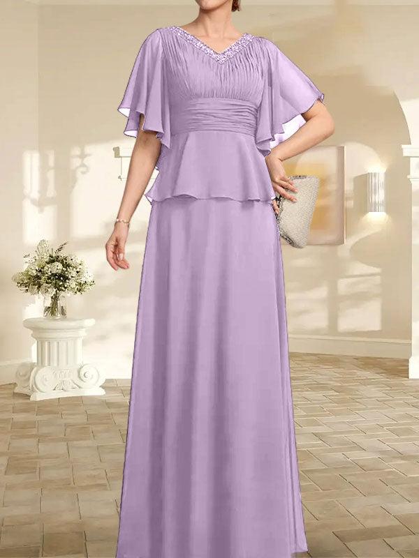 Vestido de gasa para madre de la novia, corte A, escote en V, largo hasta el suelo, con cuentas plisadas
