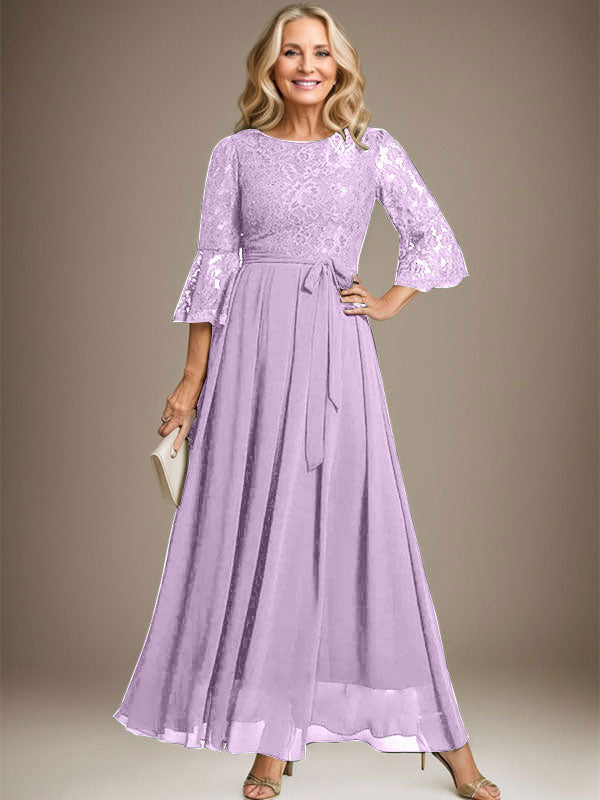 A-Linien-Kleid aus Chiffon mit Rundhalsausschnitt und Schleife, knöchellang, für die Mutter der Braut