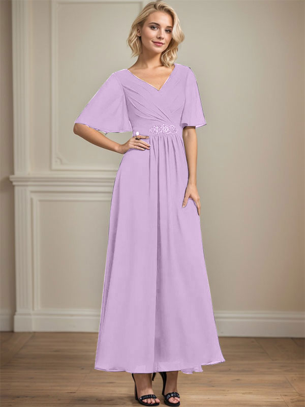 Vestido de gasa para madre de la novia, corte A, escote en V, largo hasta los tobillos, con lentejuelas y cuentas plisadas