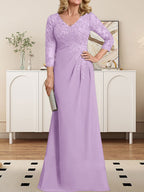 Etuikleid/Säulenkleid mit V-Ausschnitt, Illusion-Detail, bodenlang, aus Chiffonspitze und plissierten Pailletten für die Mutter der Braut 