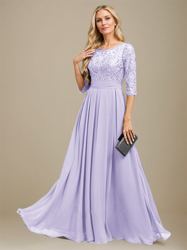 A-Linien-Kleid aus Chiffon mit Paillettenapplikationen und Rundhalsausschnitt, bodenlang, für die Mutter der Braut 